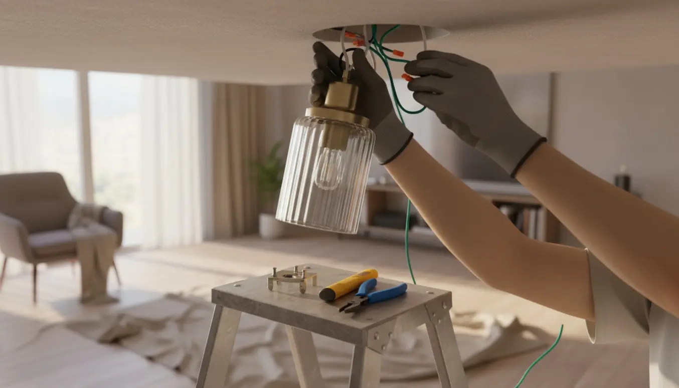 Loftlampe holdes op til en åben loftdåse fra en stige med værktøj og handsker klar til montering.