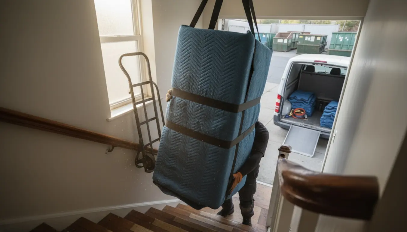 To flyttemænd bærer et køleskab ned ad en trappe mod en varevogn til bortskaffelse.