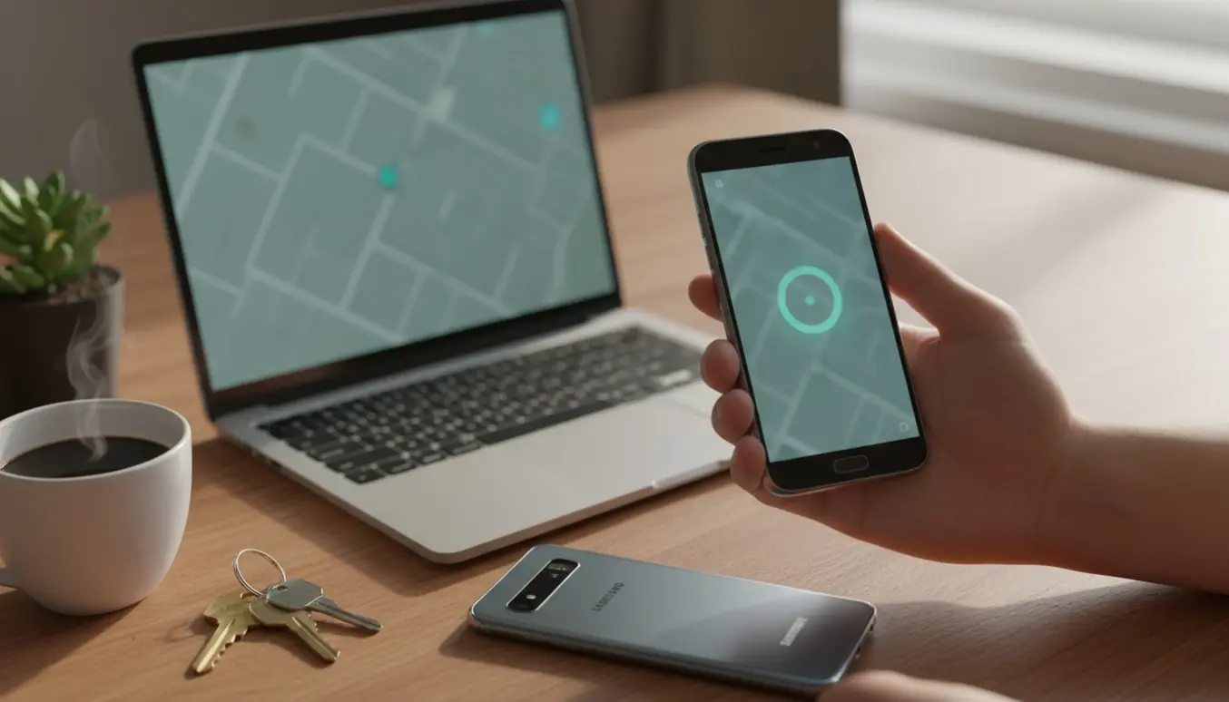 To Android-telefoner på et bord, en holdes med en sløret kortskærm mens en bærbar computer og nøgler ligger i baggrunden.