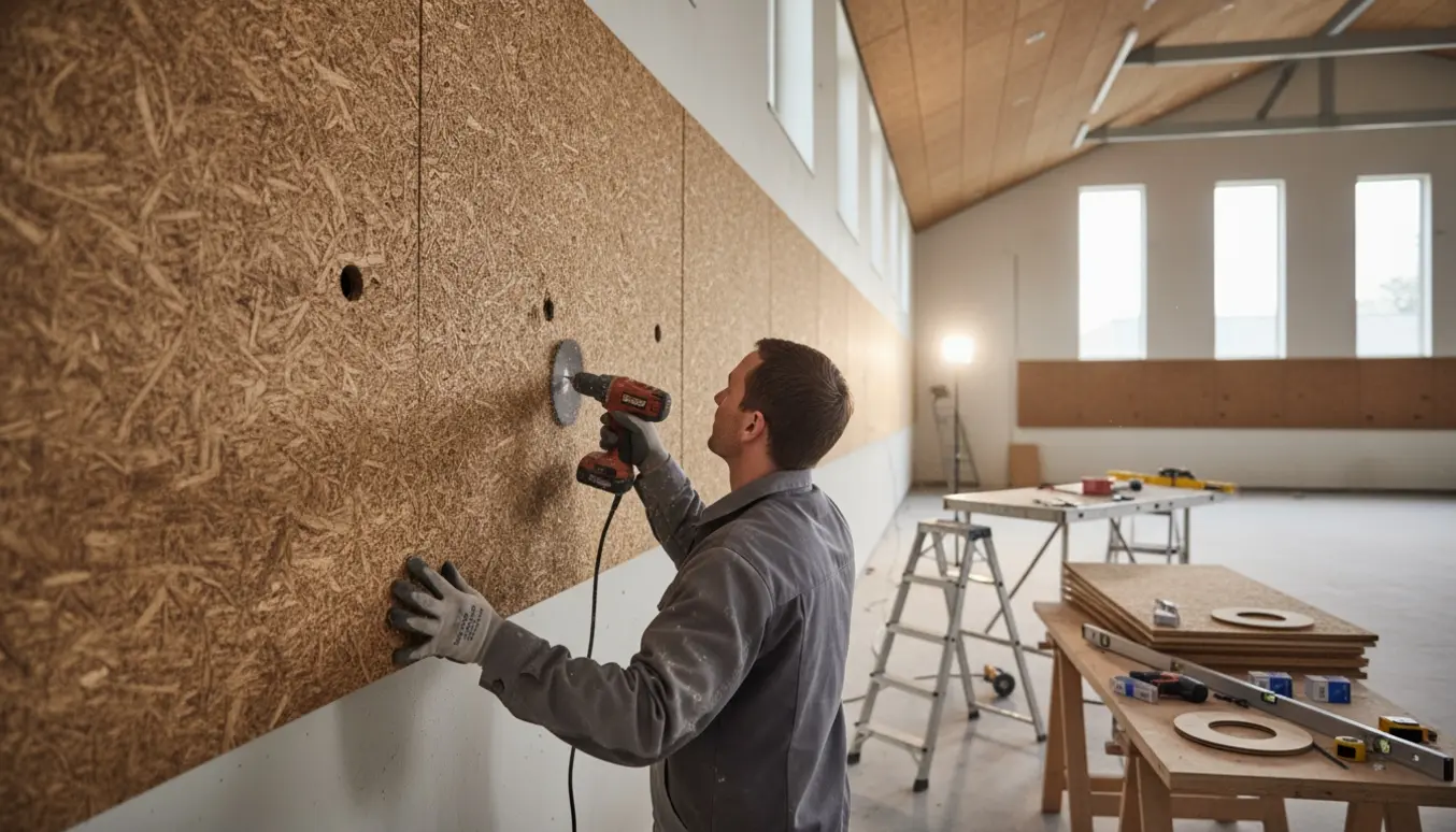 Troldtekt-plader monteres på en skrå væg i en hal med huller boret til indbyggede spots.