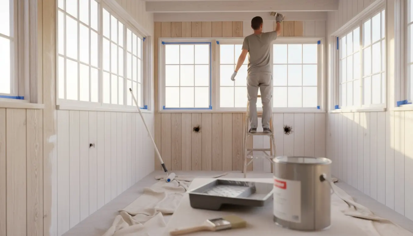 Havestueinteriør med træpaneler og spærrer under hvidtning, maler på stige og malerudstyr.