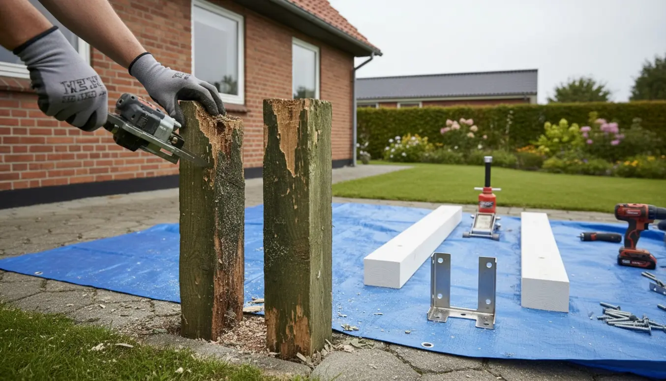 Udskiftning af to rådne udvendige hjørnestolper på en udestue med nye træstolper og værktøj.