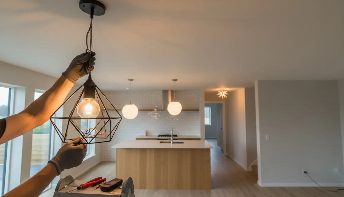 Nogen monterer en loftlampe på en stige, mens to andre lamper allerede hænger i køkkenet og i gangen.