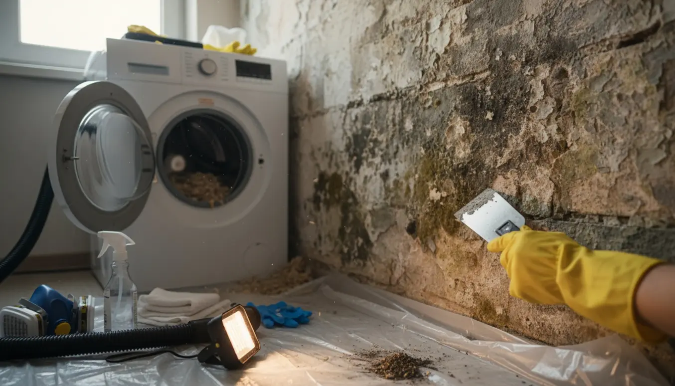 Vasketøjsniche med synlig skimmel på mur under fjernet bordplade og en handske med spartel i forgrunden.