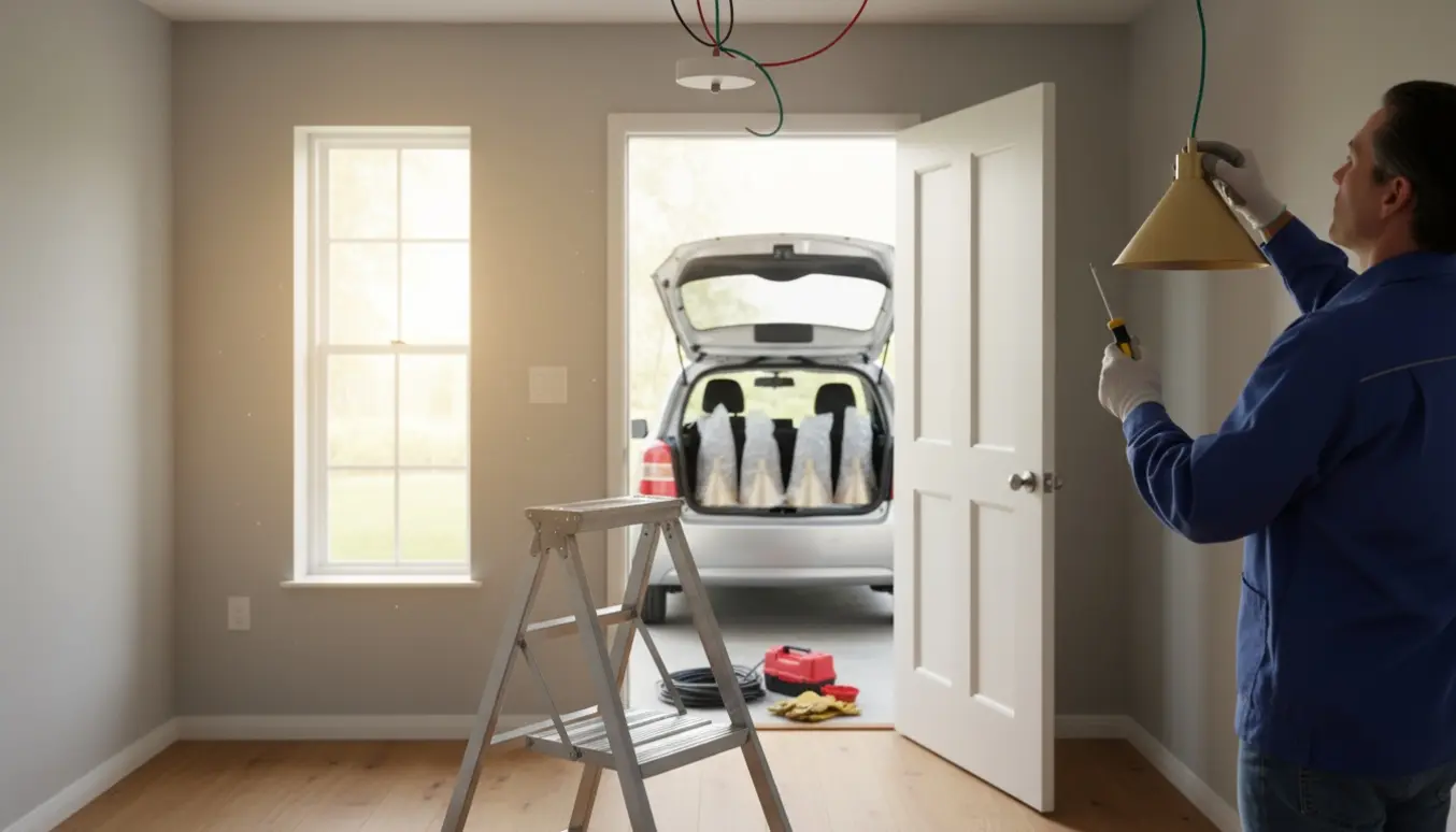 Montør på stige installerer en loftslampe mens indpakkede lamper og værktøj ligger i bilens bagagerum.