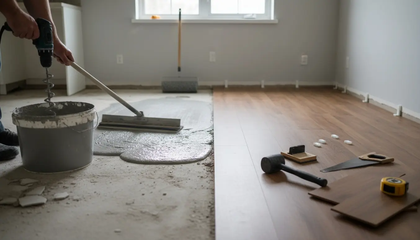 Køkkengulv under renovering med flydespartel, værktøj og ny klikvinyl i spisehjørnet.