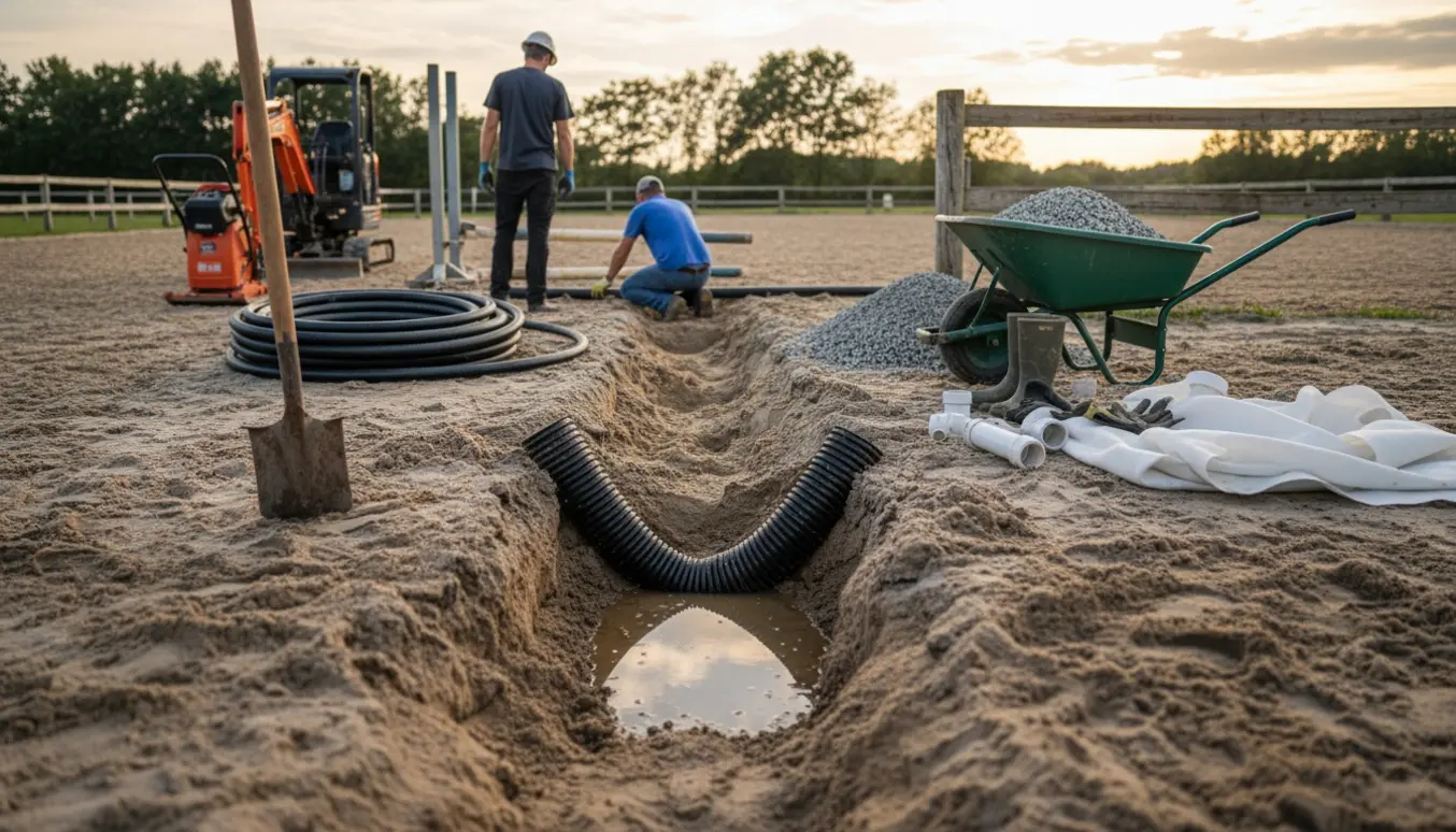 Reparation af sammenfaldet dræn i en udendørs ridebane med udgravet rende, nyt drænrør og værktøj.
