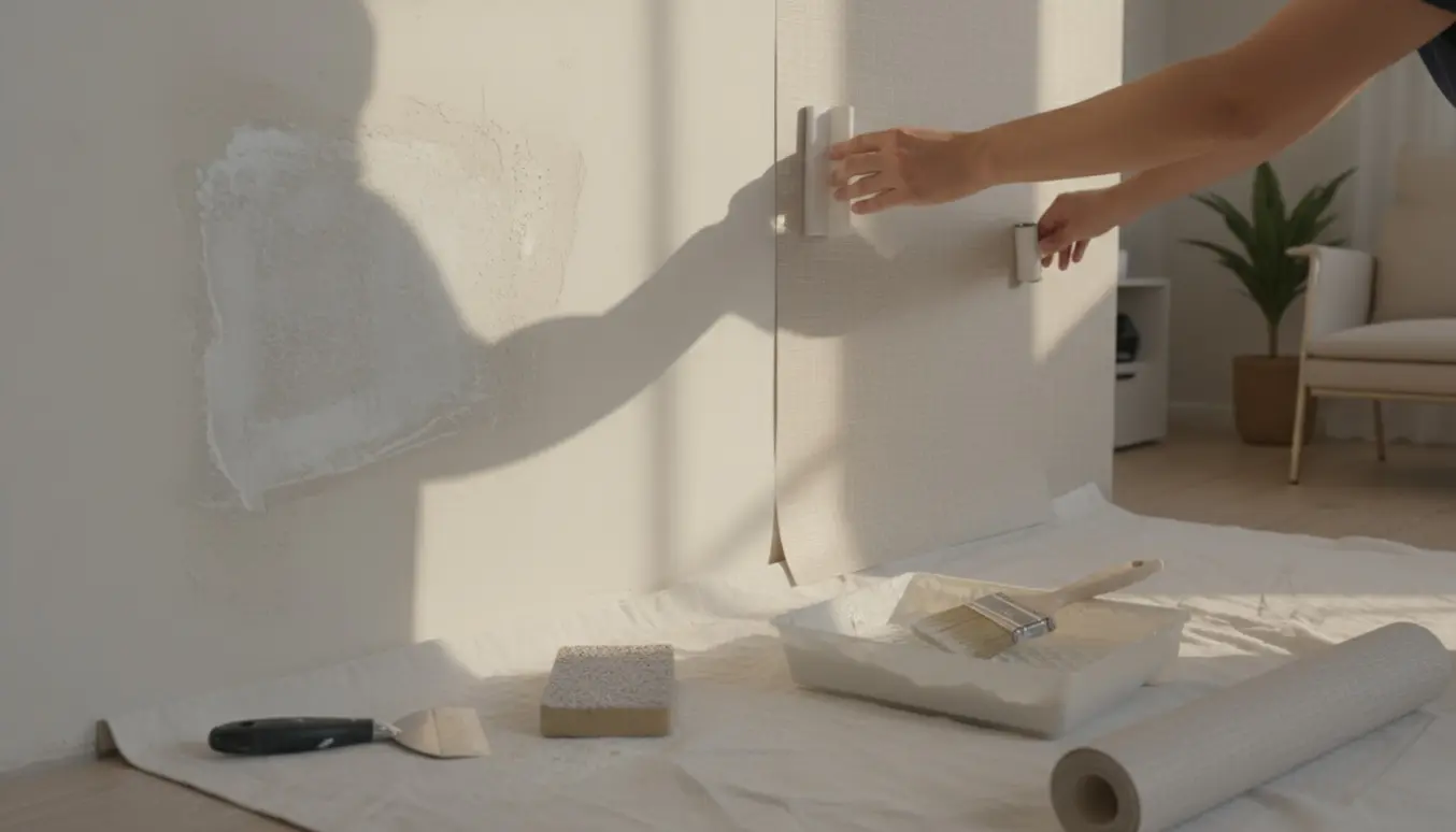 Væg under spartling og halvopsat tapet med værktøj på gulvet.