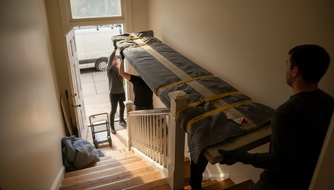 Lang bordplade pakket ind og bæres op ad en trappe mod 5. sal med løftestropper og flyttetæpper.