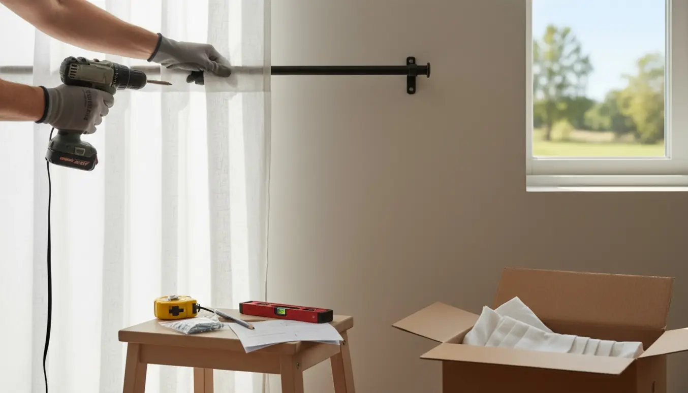 Hænder monterer en gardinstang og hænger et lyst linnedgardin op i en lys, moderne stue.