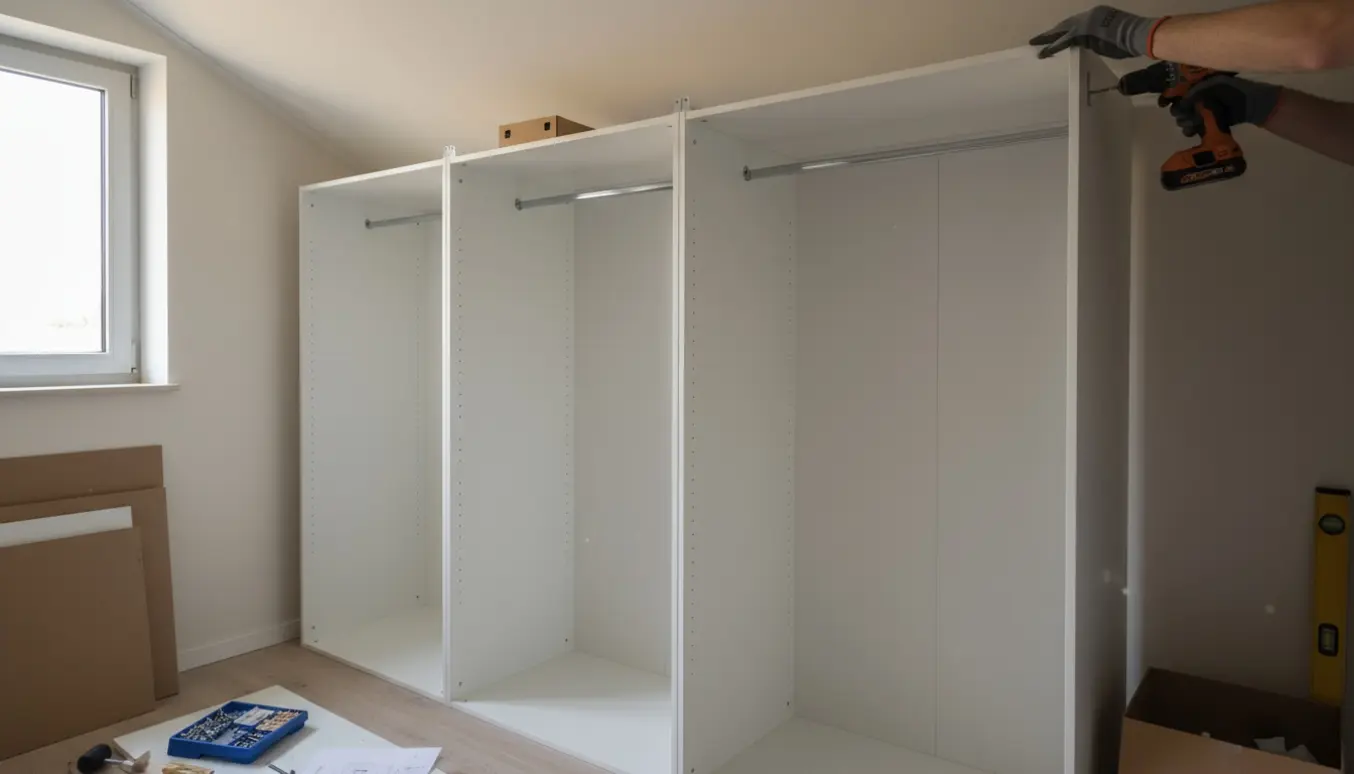 To høje garderobeskabe sættes op stående tæt under loftet med hænder og værktøj i fokus.