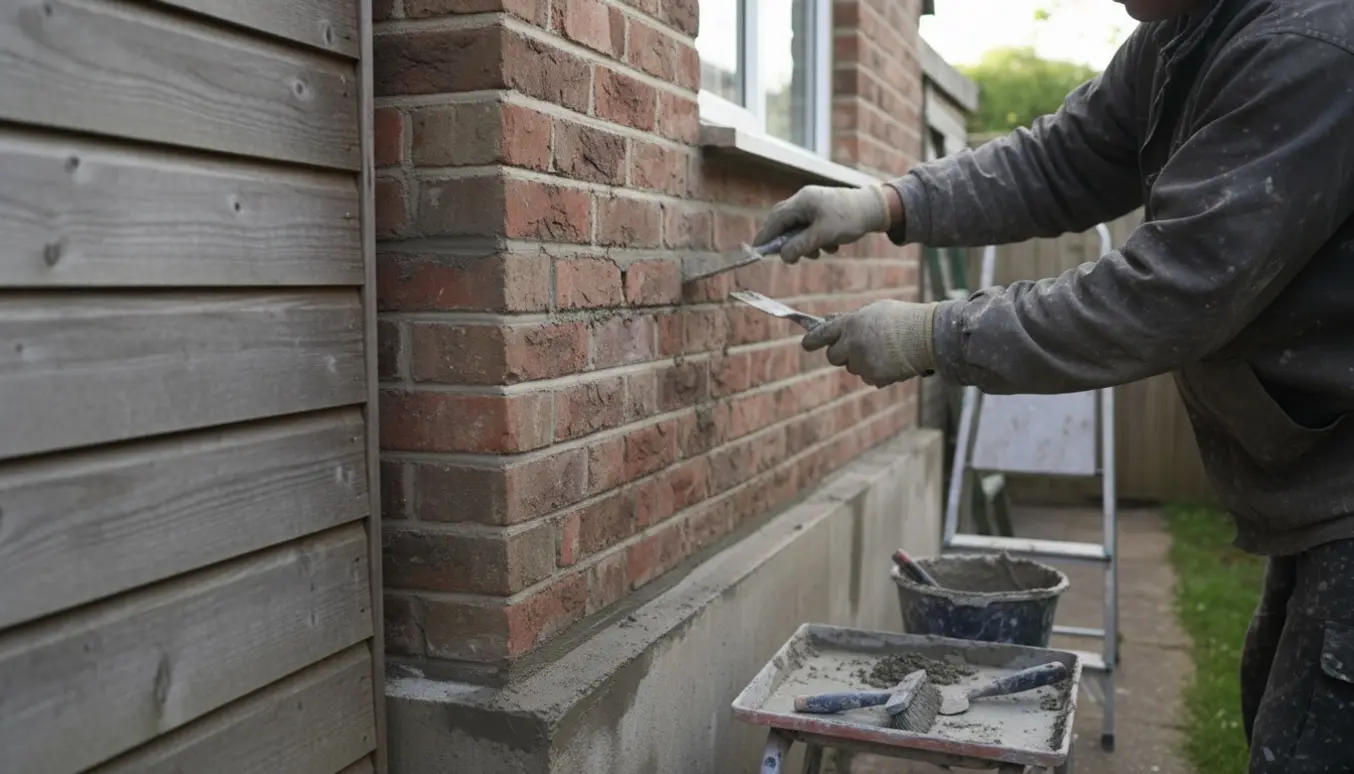 Murer reparerer udvendig mur og sokkel tæt ved naboens skur i en lille baghave.