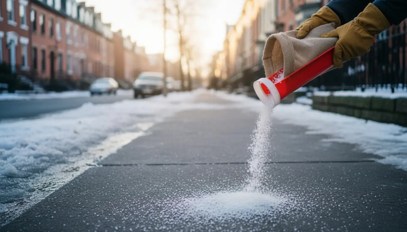 Nærbillede af hænder, der spreder vejsalt på et smalt fortov om vinteren.