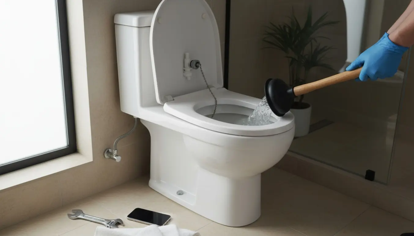 Åben toilettank og værktøj på badeværelsesgulvet, mens hænder undersøger skyllemekanismen.