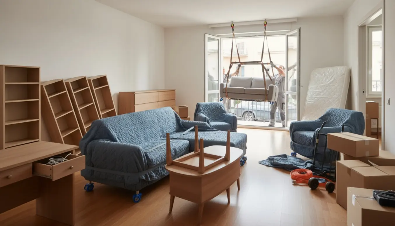 Flytning i en lejlighed med møbler pakket og en lounge-sofa sænkes fra altanen mod en flyttebil.