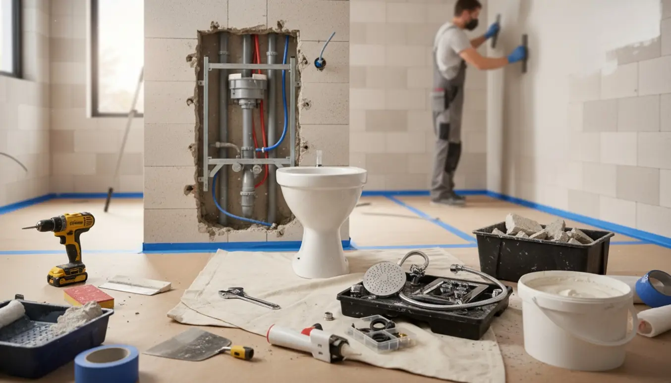 Badeværelse under renovering med åbent toiletstativ, fjernet toiletskål og håndværktøj på afdækket gulv.