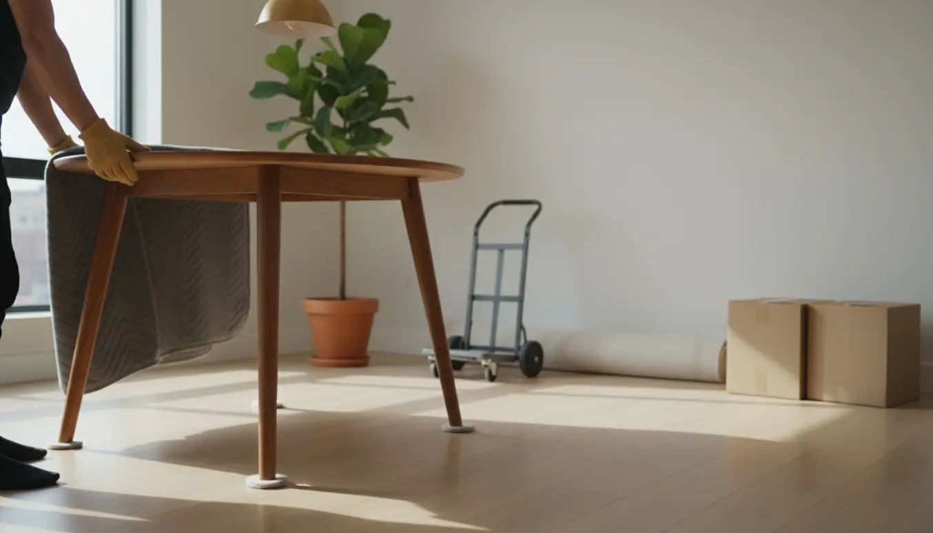 To personer flytter et lille rundt træspisebord i en lys lejlighed, kun hænder og overkrop synlige.