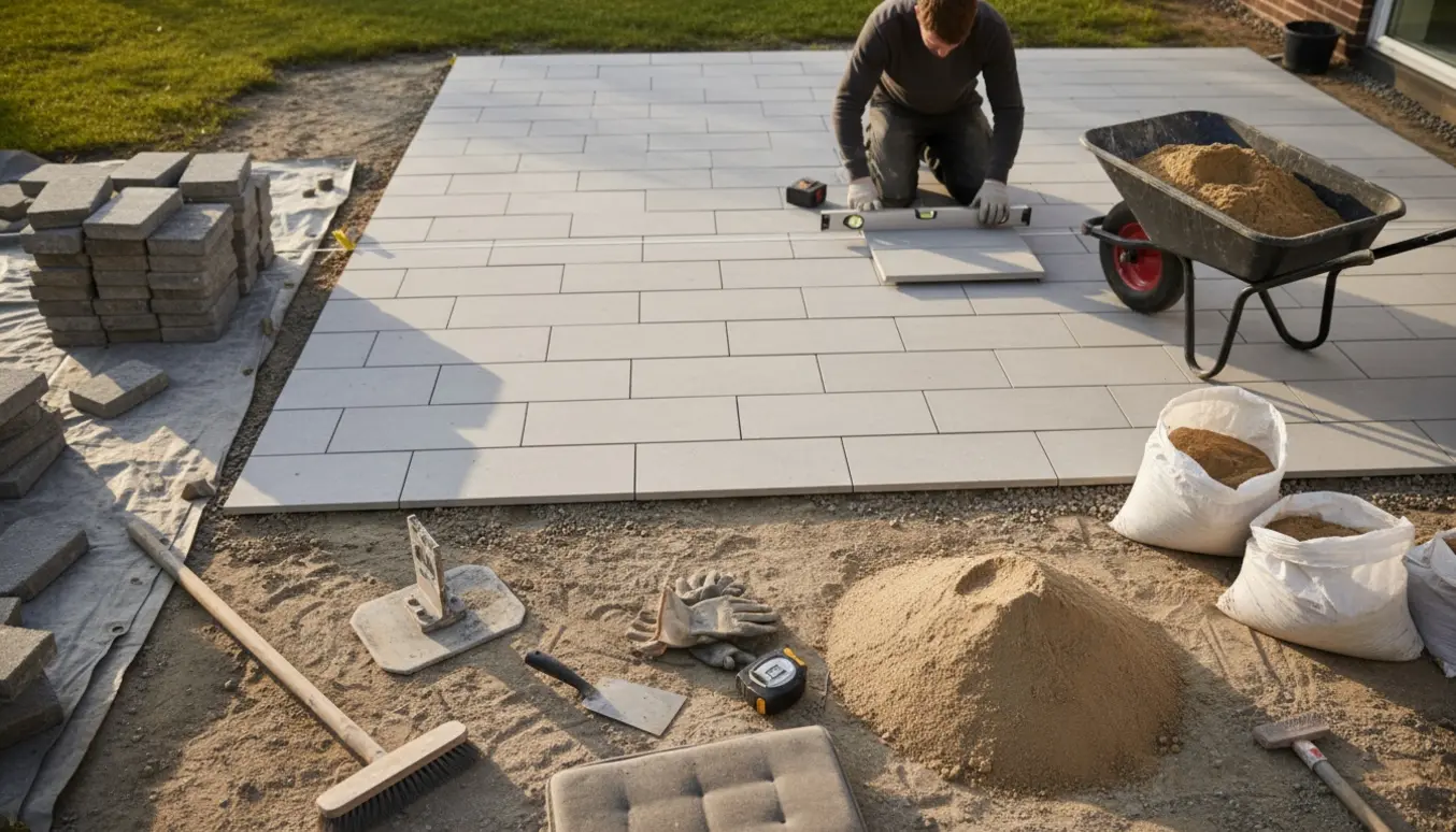 Udendørs patio under omlægning med fjernede fliser, nyt flisegrus og værktøj klar til lægning.