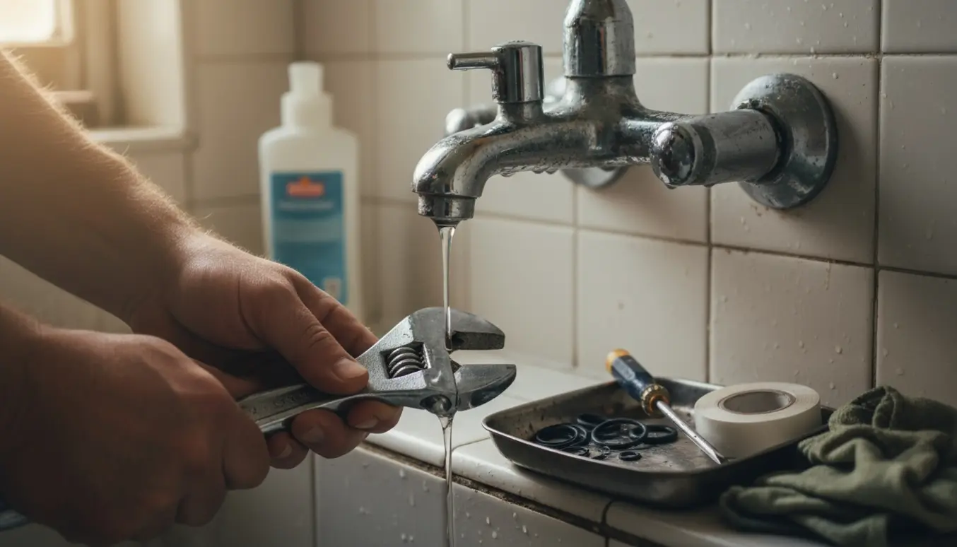 Nærbillede af hænder, der reparerer et gammelt 70'er bruse- og vandarmatur med værktøj og reservedele.