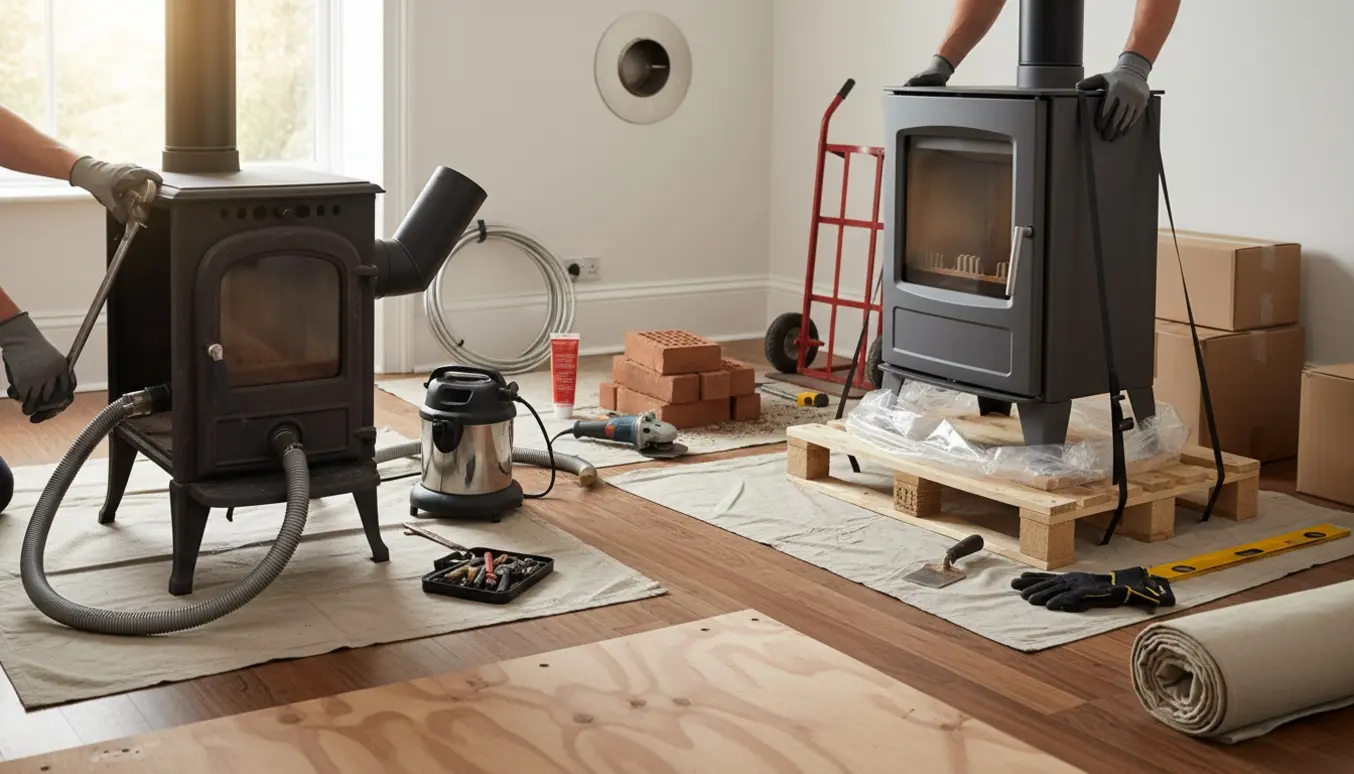 Installatører udskifter en gammel brændeovn med en ny, mens en anden er sløjfet i en lys stue.