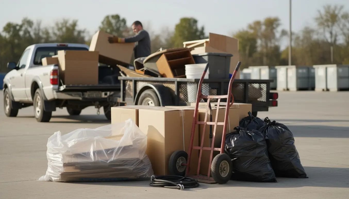 Lastning af storskrald og pap på trailer ved afleveringsplads, uden tydelige ansigter.
