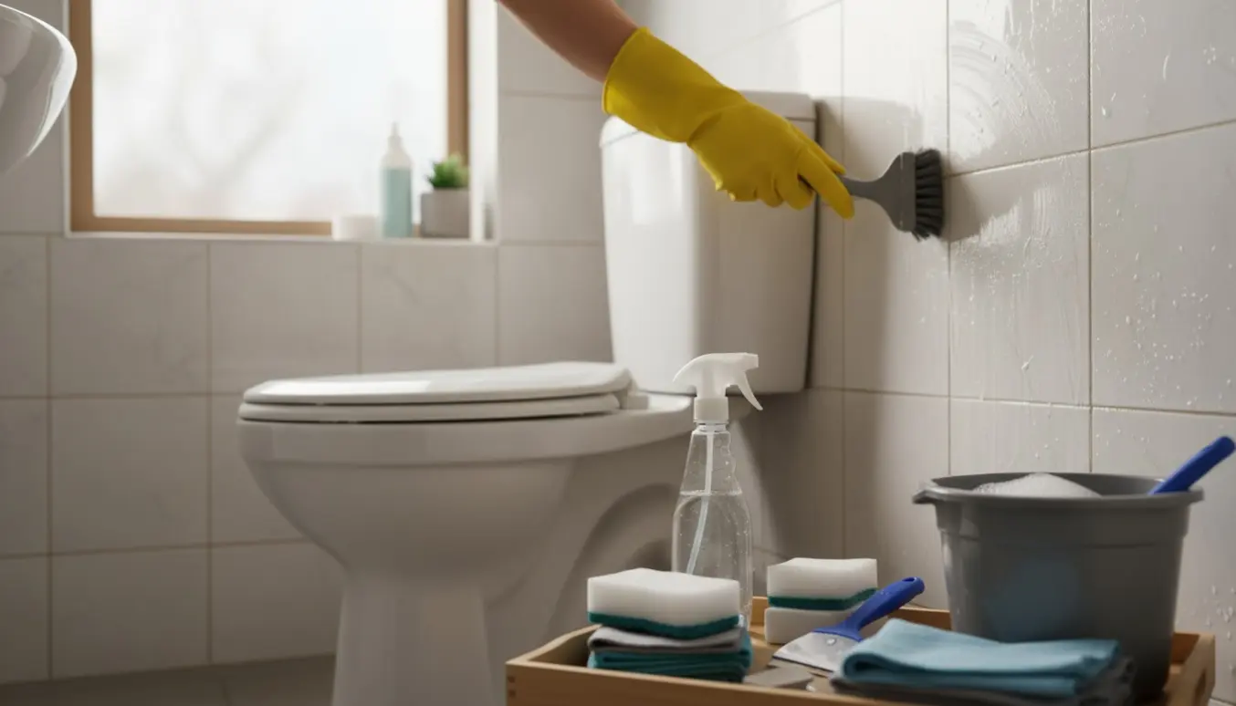 Gummihandskeklædte hænder skrubber kalk og sæberester væk fra toilet og fliser i et lille badeværelse.