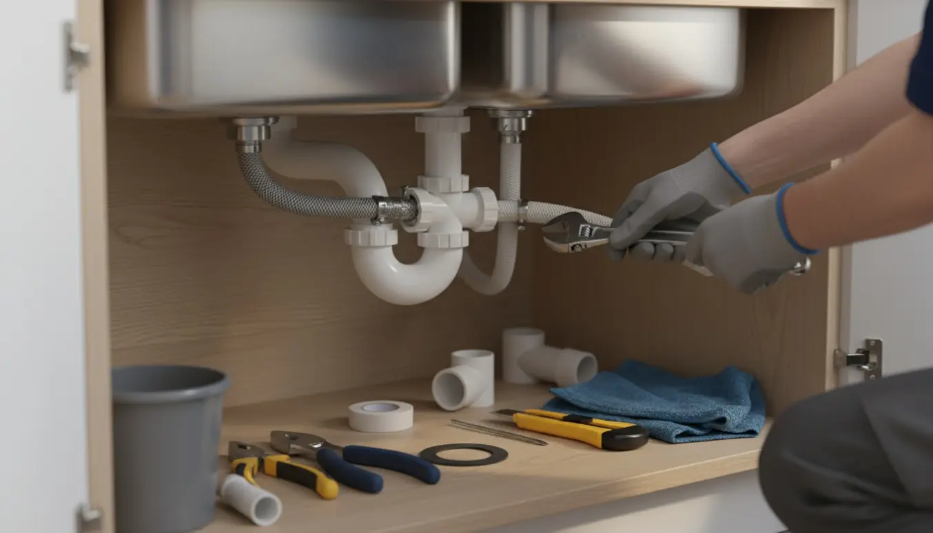 Hænder tilslutter vaskemaskine- og opvaskemaskineslanger til afløbet under en køkkenvask.