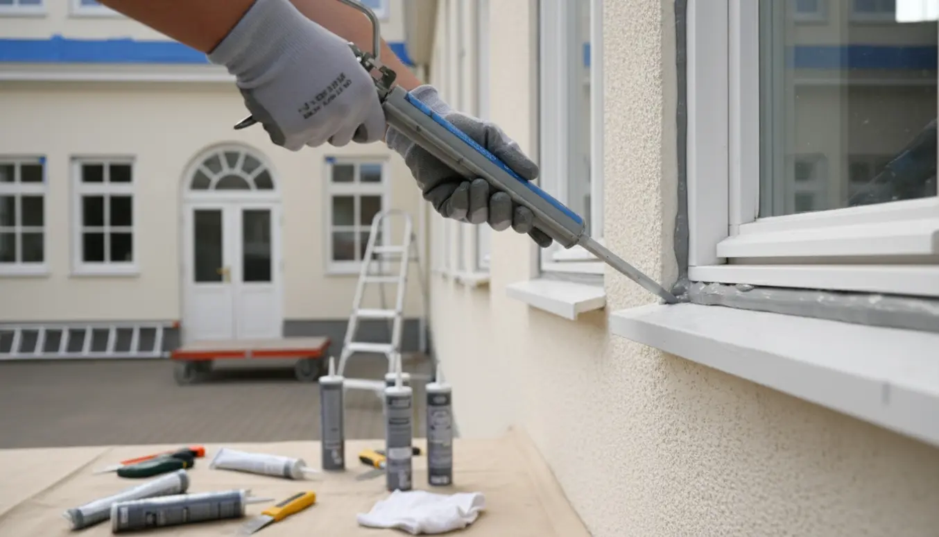 Nærbillede af hånd, der påfører grå fugemasse omkring en vinduesramme på en husfacade med flere vinduer og værktøj i forgrunden.