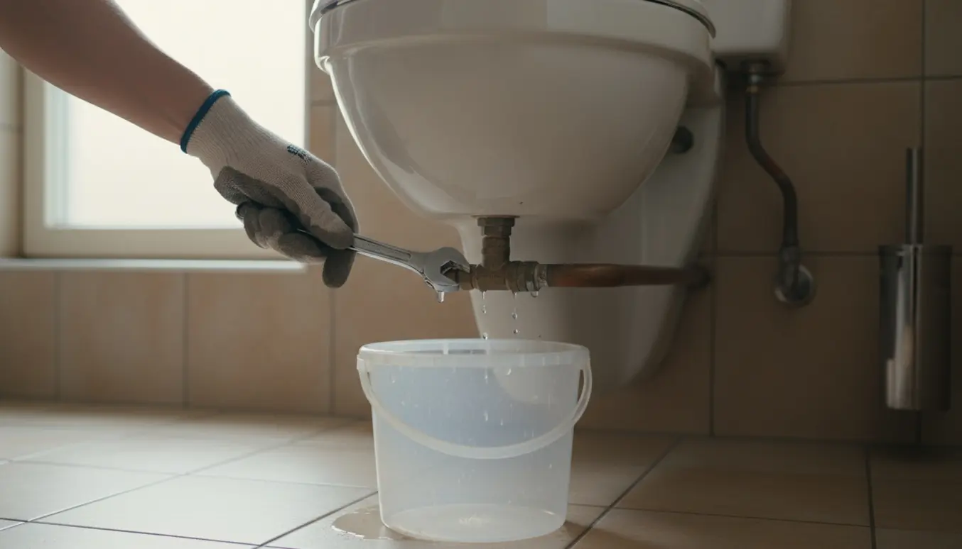 Nærbillede af hænder, der lukker for vandtilførslen under et ældre toilet for at stoppe løbende vand.