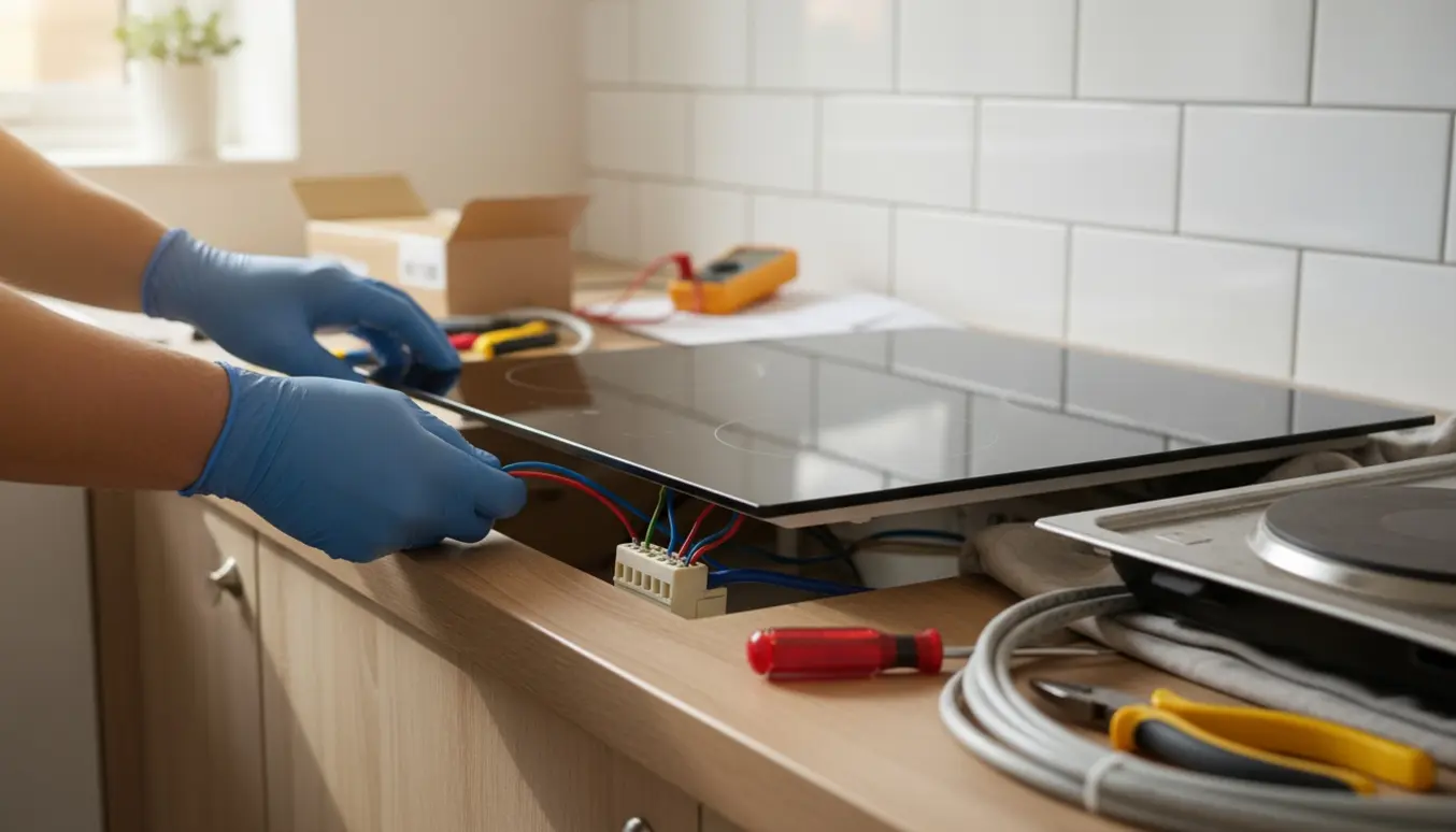 Hænder med isolerede handsker forbinder ledninger under en ny induktionsplade i et køkken uden ansigter i billedet.