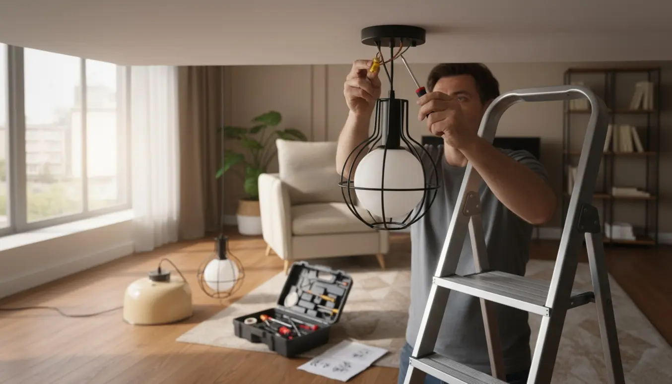 En person på en skammel monterer en loftlampe, med værktøj og reservedele på gulvet.