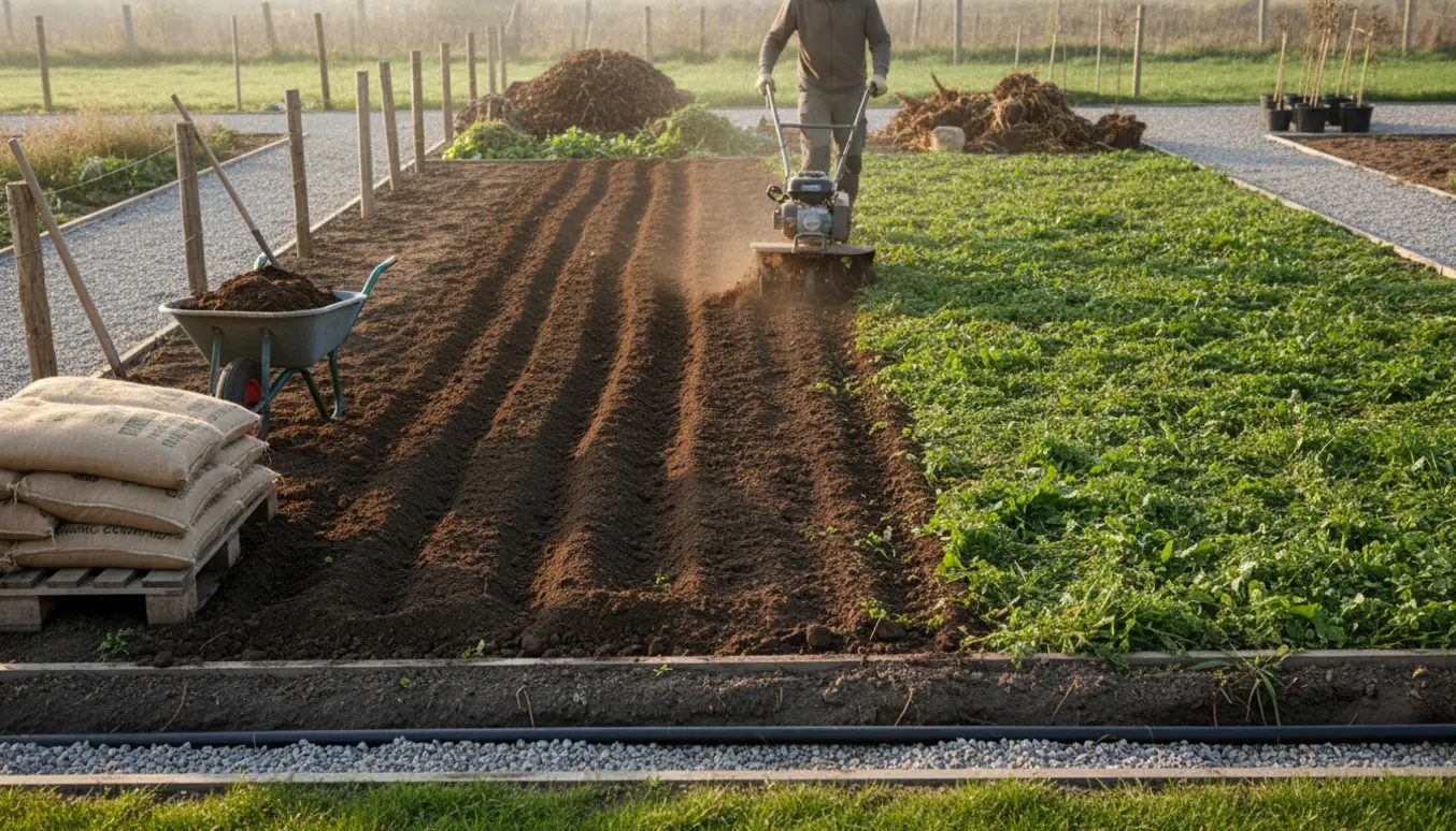 Klargøring af et 100 m² havebed med en lille kultivator, bunker af ukrudt og forberedt jord.