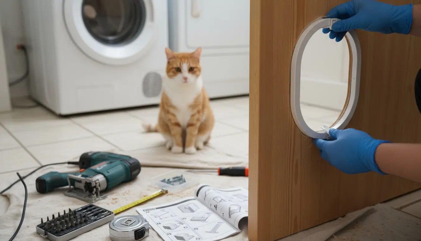 Nærbillede af montering af kattelem i en tynd trædør i bryggerset med værktøj og en nysgerrig kat i baggrunden.