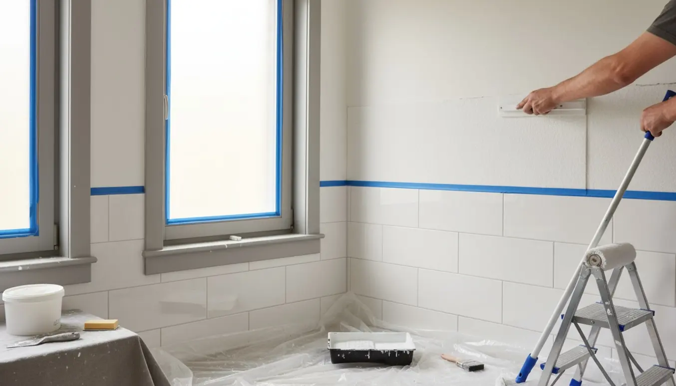 Badeværelse under renovering med filt opsat mellem fliser og loft, malerværktøj og let slebne vinduesrammer.