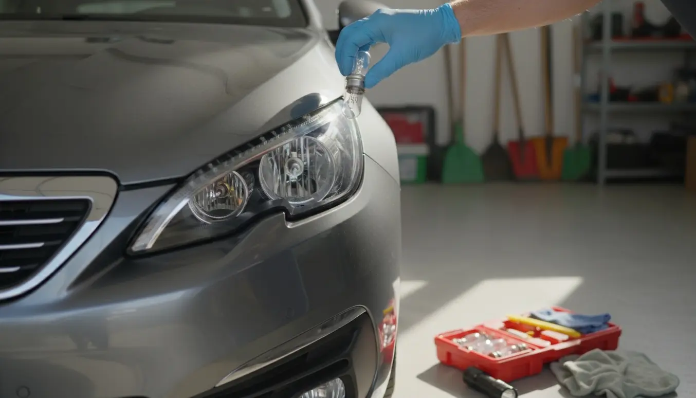 Nærbillede af hænder i handsker, der udskifter positionslygter på en Peugeot 308 SW foran en garage.