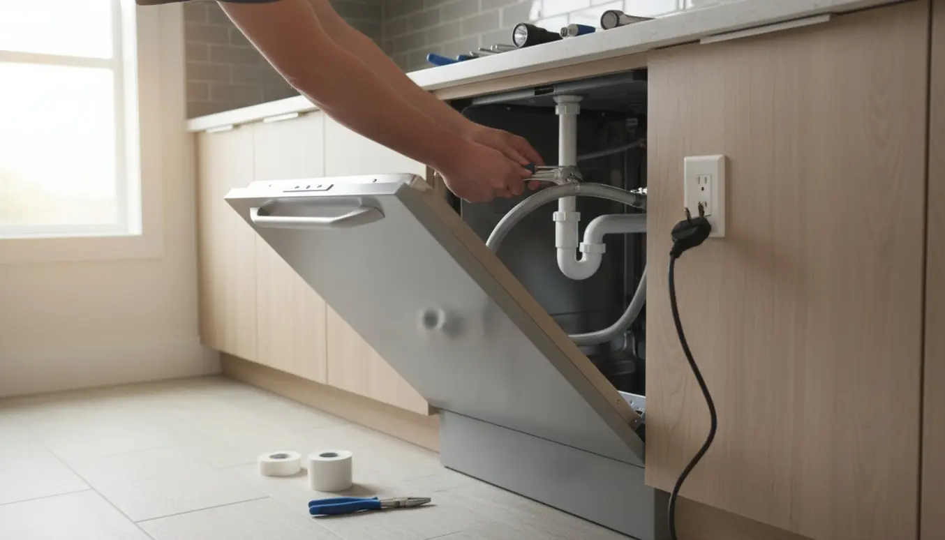 En tekniker tilslutter en standardopvaskemaskine til afløb og strøm under køkkenbordet.