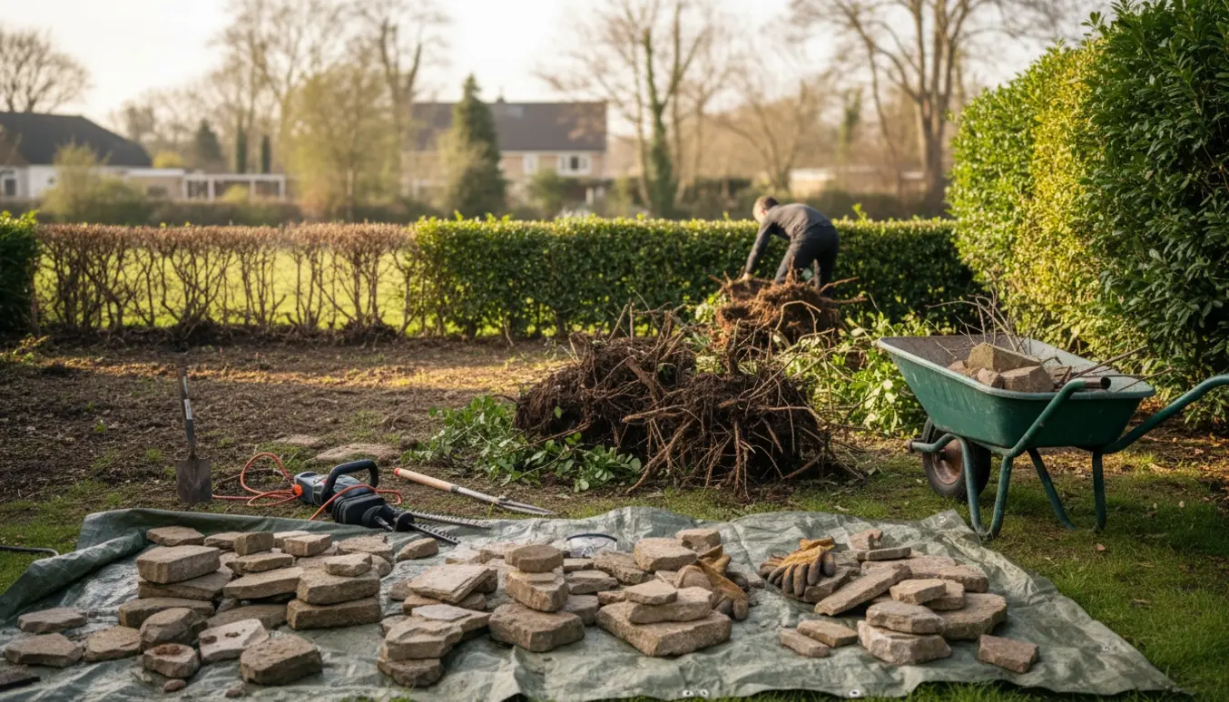 Havearbejde med bunker af sten og fjernede buske ved en delvist klippet hæk.
