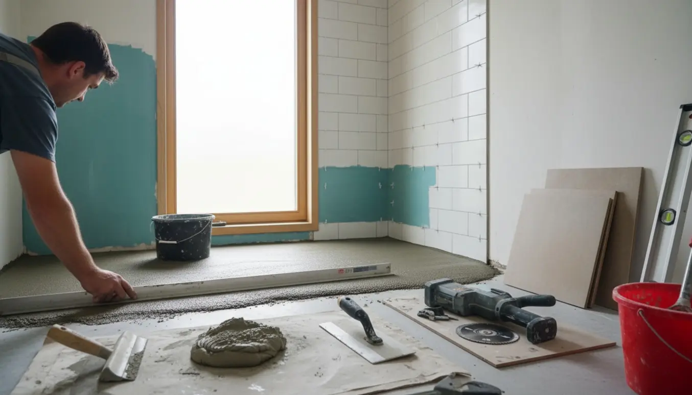 Lille badeværelse under renovering med ny støbt gulv, vådrumsmembran, delvist tilbagte fliser og håndværktøj.