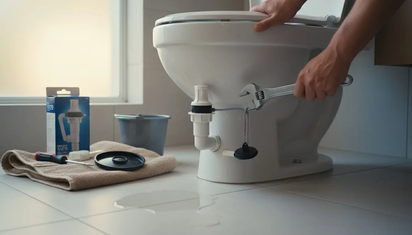 Hænder justerer vandpåfyldningsventilen i en åben toiletcisterne med reservedele og værktøj ved siden af.