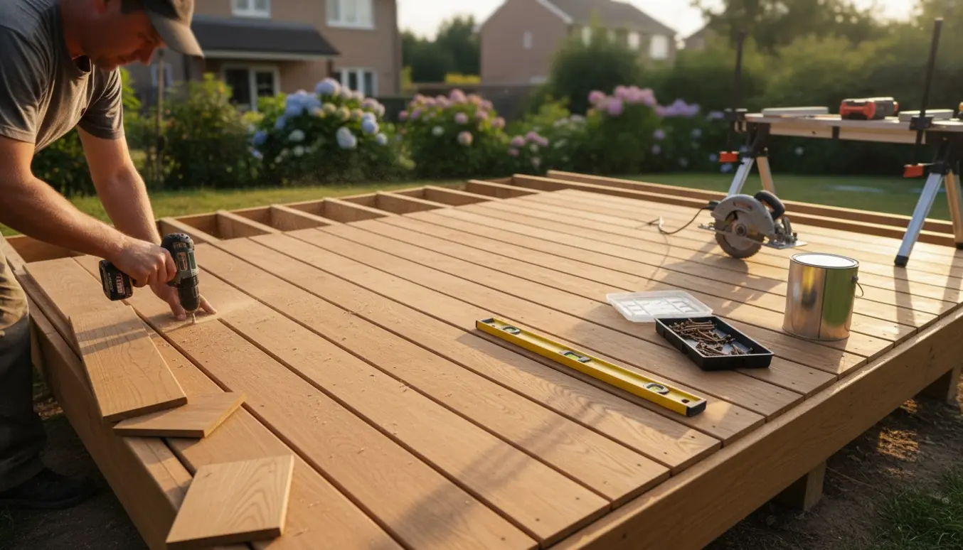 Nærbillede af en nyanlagt rektangulær træterrasse i baghaven med hænder, der fæstner et dækbræt.