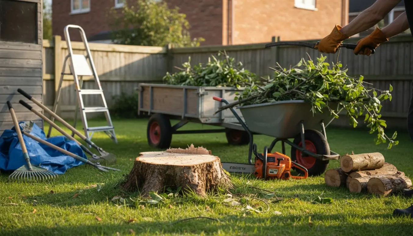 Kort fældet æbletræstump i en have med grene, trillebør og haveredskaber klar til bortkørsel.