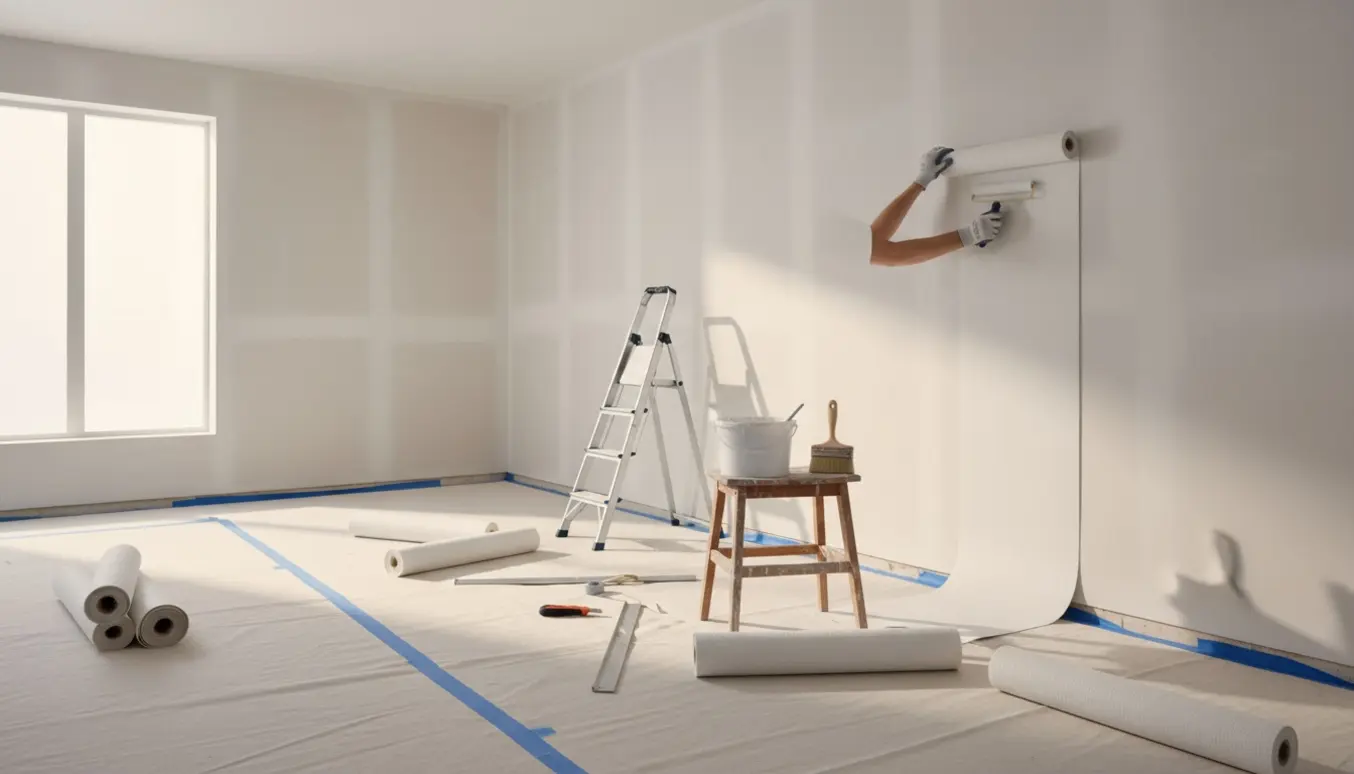 Tomt rum med spartlede vægge, filt ruller og værktøj klar til opsætning.