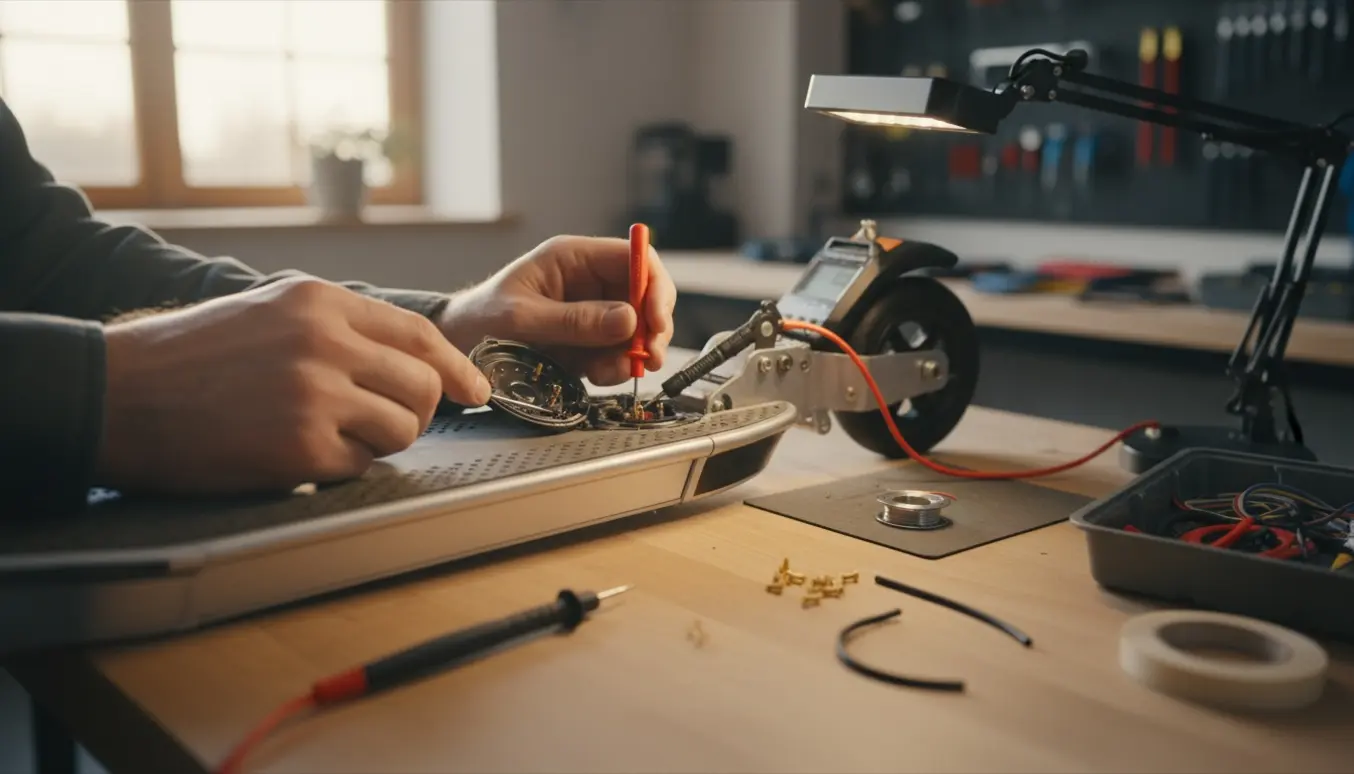 Nærbillede af hænder, der reparerer opladningsstikket på en el-løbehjul ved et ryddeligt værkstedsbord.