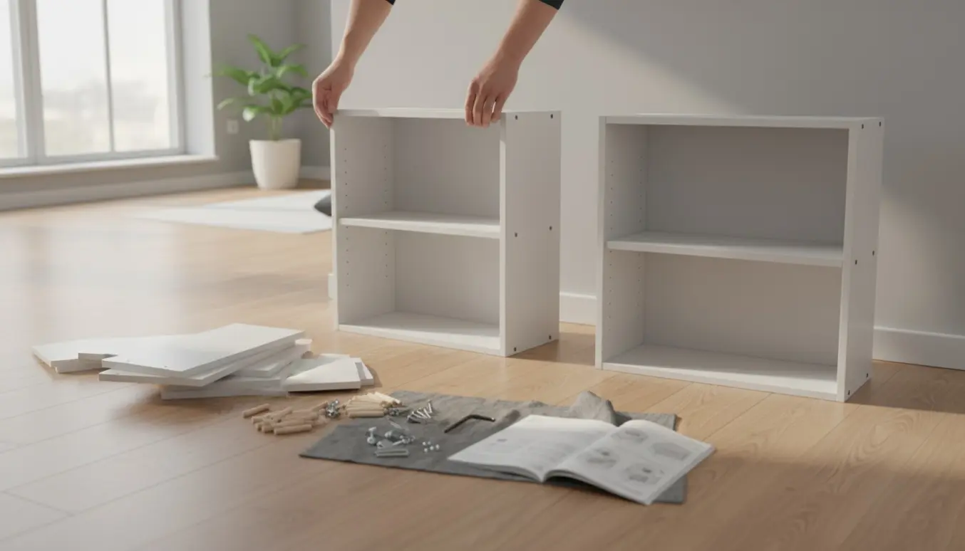 To små moderne reoler i fladpakke bliver samlet på et lyst trægulv med værktøj og manual.