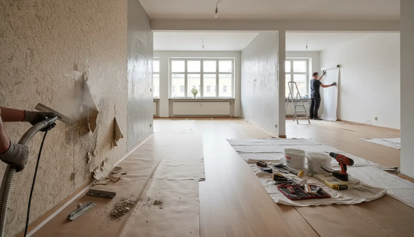 Tom lejlighed under renovering med fjernet savsmuldstapet, våd spartelmasse og opsætning af grundet filt samt synlige værktøjer.
