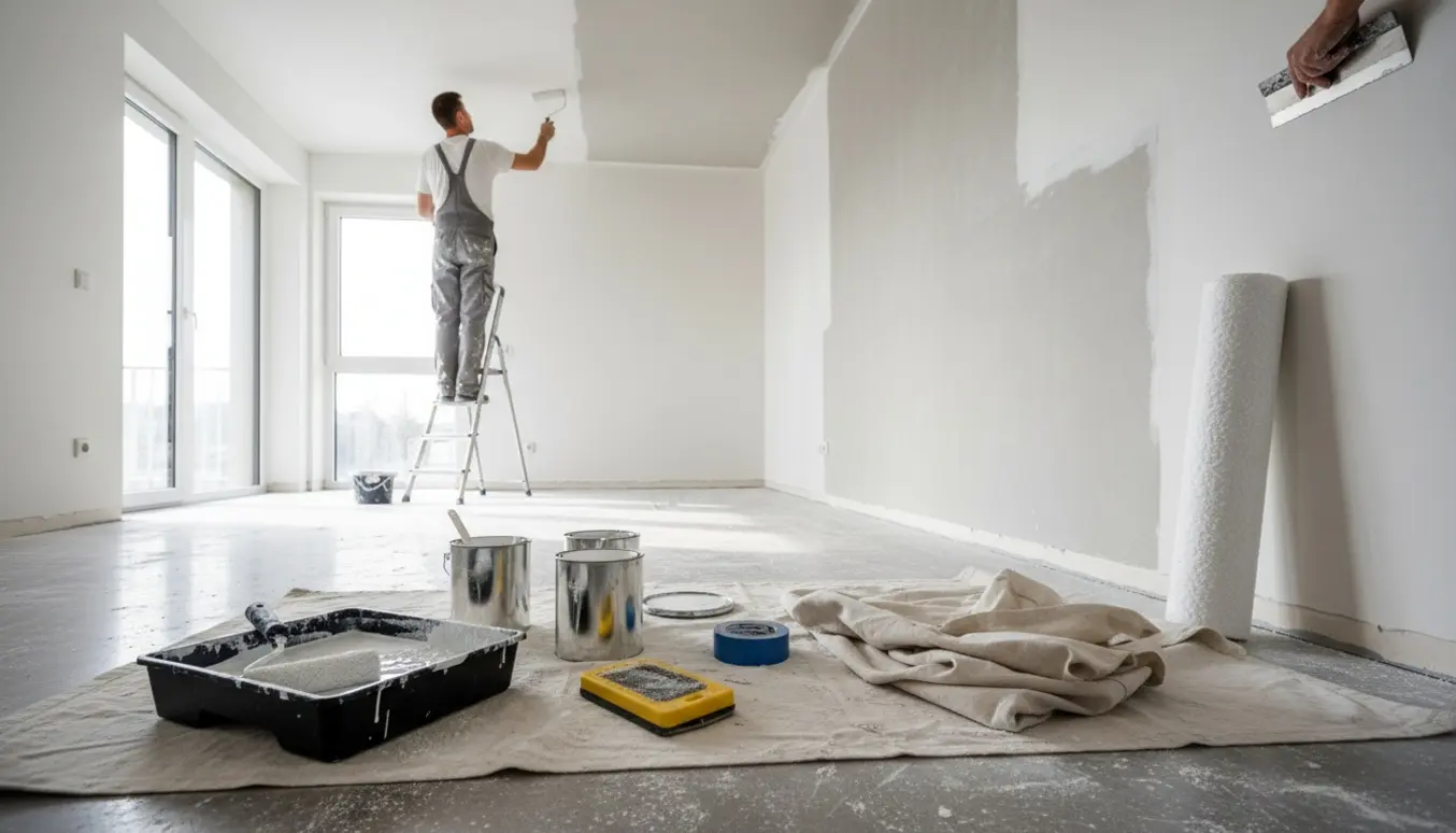 Maler spartler og maler loft og vægge i et husinteriør, med værktøj og afdækning synligt.