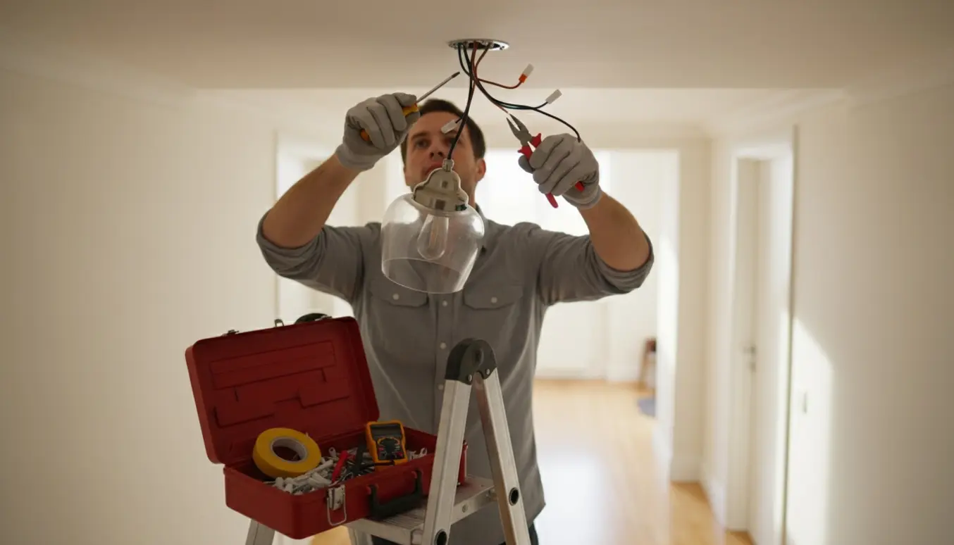 Person på stige tager en loftslampe ned fra et indendørs loft med værktøj på gulvet.