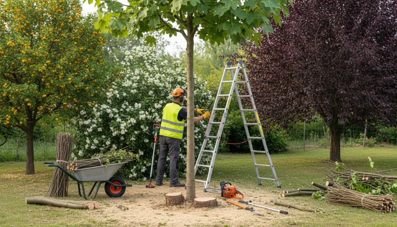 Professionel beskæring af prydtræer med motorsav og stige, afskårne grene samlet i en trillebør.