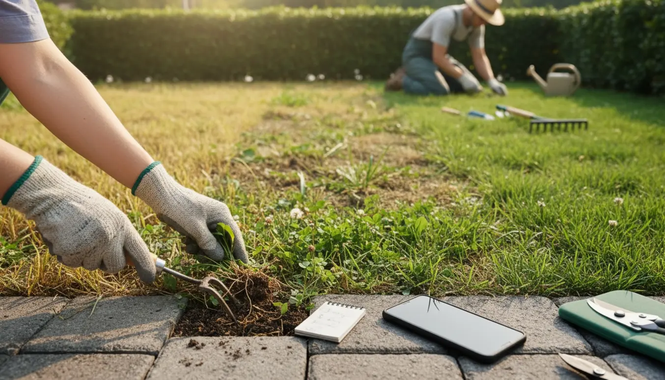 Hænder i havehandsker fjerner ukrudt mellem fliser med tre små græsplæner og en hæk i baggrunden.