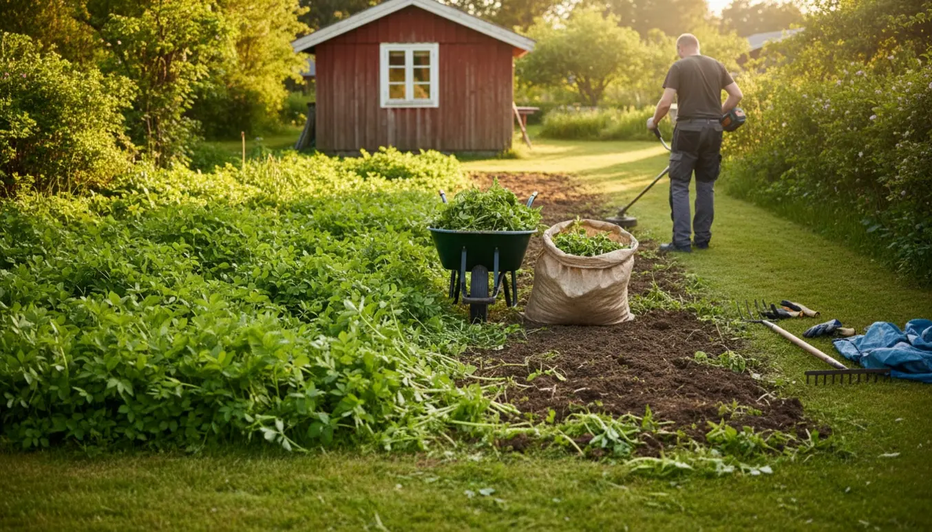 Sommerhusgrund med tæt skvalderkål og en ryddet stribe, en person set bagfra rydder med græstrimmer ved en trillebør med ukrudt.